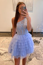 Load image into Gallery viewer, Lavender A-Line One Shoulder Short Tiered Tulle Homecoming Dress