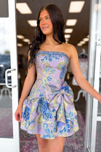 Load image into Gallery viewer, Lavender Blue Floral Brocade Strapless Homecoming Dress with Bow Detail