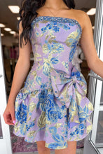 Load image into Gallery viewer, Lavender Blue Floral Brocade Strapless Homecoming Dress with Bow Detail