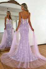 Load image into Gallery viewer, Charming A Line Lavender Floral Embroidered Mermaid Prom Dress with Train