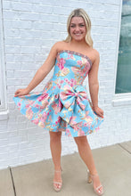 Load image into Gallery viewer, Lavender Blue Floral Brocade Strapless Homecoming Dress with Bow Detail