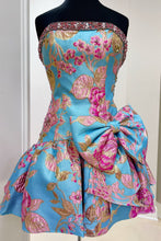 Load image into Gallery viewer, Lavender Blue Floral Brocade Strapless Homecoming Dress with Bow Detail
