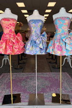Load image into Gallery viewer, Lavender Blue Floral Brocade Strapless Homecoming Dress with Bow Detail