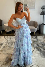 Load image into Gallery viewer, Beautiful A Line Sweetheart Light Blue Floral Printed Corset Prom Dress with Ruffles