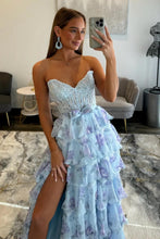 Load image into Gallery viewer, Beautiful A Line Sweetheart Light Blue Floral Printed Corset Prom Dress with Ruffles