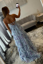 Load image into Gallery viewer, Beautiful A Line Sweetheart Light Blue Floral Printed Corset Prom Dress with Ruffles