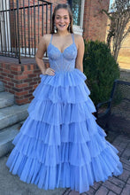 Load image into Gallery viewer, Light Blue A-Line Spaghetti Straps Lace Up Long Tiered Tulle Prom Dress