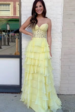 Load image into Gallery viewer, Light Blue A-Line Sweetheart Long Lace And Chiffon Prom Dress With Slit