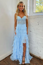 Load image into Gallery viewer, Light Blue A-Line Sweetheart Long Lace And Chiffon Prom Dress With Slit