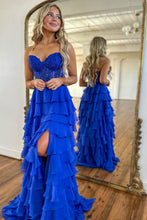 Load image into Gallery viewer, Light Blue A-Line Sweetheart Long Lace And Chiffon Prom Dress With Slit