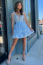 Load image into Gallery viewer, Light Blue A-Line Tie Straps Short Tiered Homecoming Dress With Appliques