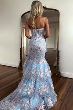 Load image into Gallery viewer, Gorgeous Mermaid Spaghetti Straps Light Blue Corset Prom Dress with Appliques