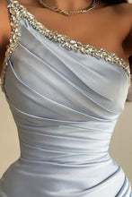 Load image into Gallery viewer, Light Blue Mermaid One Shoulder Long Satin Formal Dress with Beading