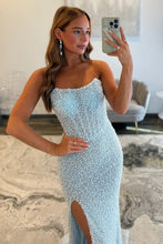 Load image into Gallery viewer, Gorgeous Mermaid Strapless Light Blue Corset Prom Dress with Pearls