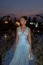 Load image into Gallery viewer, Charming A Line Light Blue Shimmer A-Line Evening Gown with Plunge Neck and Slit