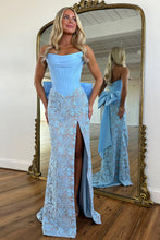 Load image into Gallery viewer, Fashionable Mermaid Strapless Red Corset Lace Prom Dress with Bowknot
