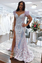 Load image into Gallery viewer, Light Purple Mermaid Long Glitter Prom Dress With Split And Feather