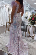 Load image into Gallery viewer, Light Purple Mermaid Long Glitter Prom Dress With Split And Feather