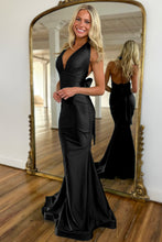 Load image into Gallery viewer, Light Blue Mermaid Halter Neck Backless Long Satin Prom Dress With Bowknot