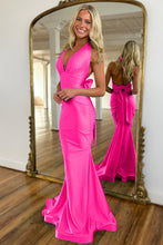 Load image into Gallery viewer, Light Blue Mermaid Halter Neck Backless Long Satin Prom Dress With Bowknot