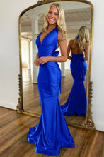 Load image into Gallery viewer, Light Blue Mermaid Halter Neck Backless Long Satin Prom Dress With Bowknot