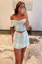 Load image into Gallery viewer, Chic Sheath Two Piece Off the Shoulder Light Blue Short Homecoming Dress