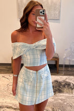 Load image into Gallery viewer, Chic Sheath Two Piece Off the Shoulder Light Blue Short Homecoming Dress