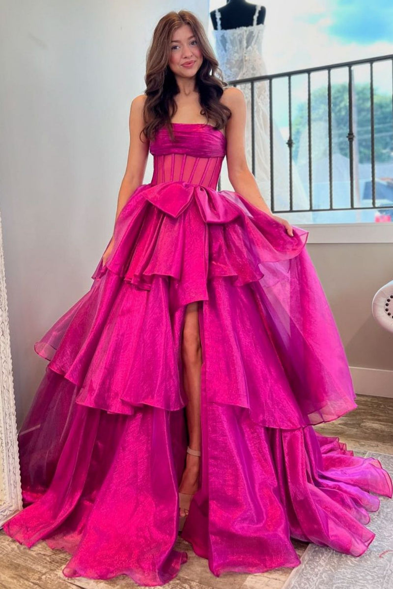 Strapless Fuchsia Pink Ombre A Line Long Prom Evening Dress With Beaded main image 1