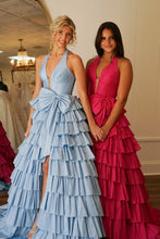 Load image into Gallery viewer, Lovely A-Line Halter Neck Long Tiered Satin Prom Dress with Slit and Bowknot