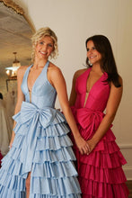 Load image into Gallery viewer, Lovely A-Line Halter Neck Long Tiered Satin Prom Dress with Slit and Bowknot