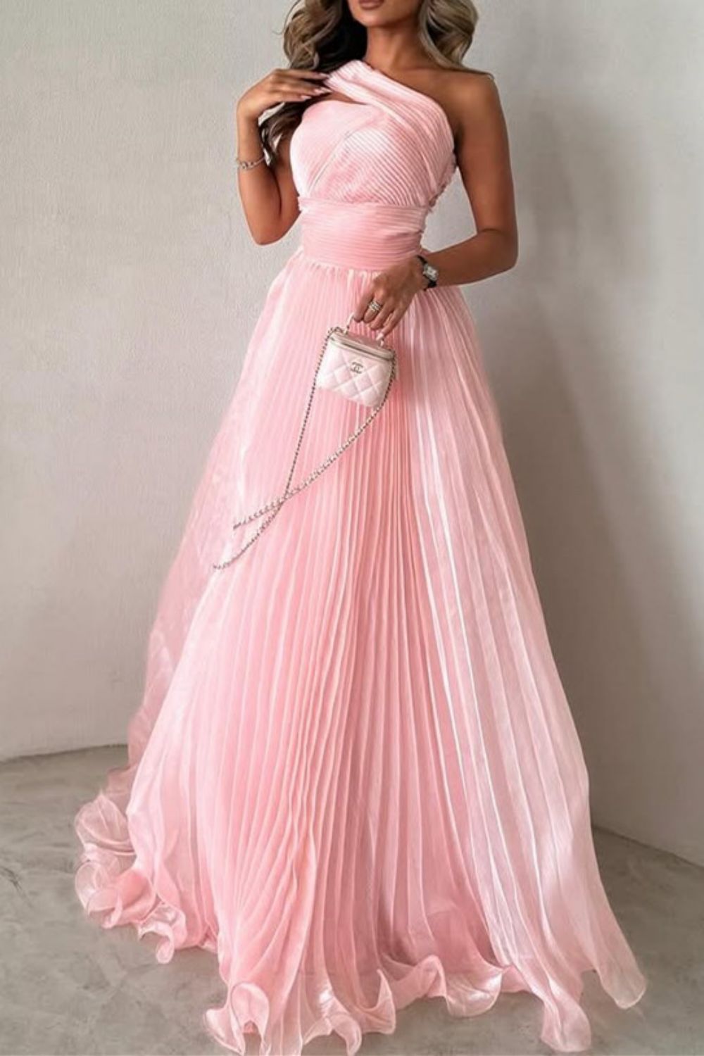 Lovely A-Line One Shoulder Pink Long Pleated Tulle Prom Dress