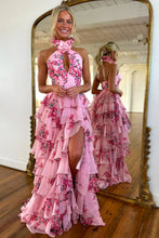 Load image into Gallery viewer, Pink Lovely A-Line Halter Neck Long Prom Dress with Ruffle Print Chiffon Skirt