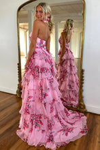 Load image into Gallery viewer, Pink Lovely A-Line Halter Neck Long Prom Dress with Ruffle Print Chiffon Skirt