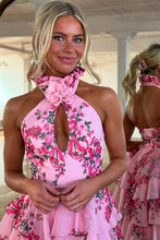 Load image into Gallery viewer, Pink Lovely A-Line Halter Neck Long Prom Dress with Ruffle Print Chiffon Skirt