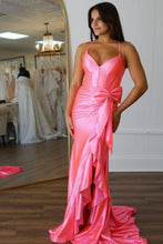 Load image into Gallery viewer, Lovely Pink Mermaid Lace Up Long Satin Prom Dress with Bowknot and Slit