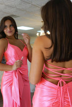 Load image into Gallery viewer, Lovely Pink Mermaid Lace Up Long Satin Prom Dress with Bowknot and Slit