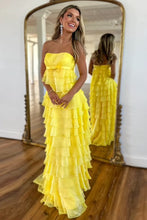 Load image into Gallery viewer, Lovely Yellow A-Line Strapless Zipper Back Long Tiered Prom Dress