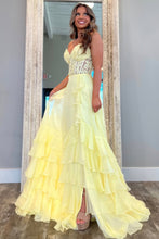 Load image into Gallery viewer, Lovely Yellow A-Line Sweetheart Lace Top Chiffon Prom Dress With Ruffle Skirt