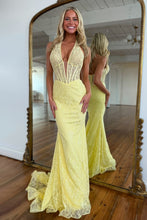 Load image into Gallery viewer, Lovely Mermaid Halter Neck Yellow Lace Corset Prom Dress with Sweep Train