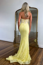 Load image into Gallery viewer, Lovely Mermaid Halter Neck Yellow Lace Corset Prom Dress with Sweep Train