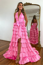 Load image into Gallery viewer, Lovely A-Line Halter Neck Long Tiered Satin Prom Dress with Slit and Bowknot