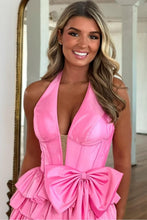 Load image into Gallery viewer, Lovely A-Line Halter Neck Long Tiered Satin Prom Dress with Slit and Bowknot