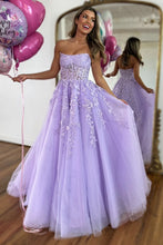 Load image into Gallery viewer, Lovely Lilac A-Line Strapless Long Tulle Prom Dress with Appliques