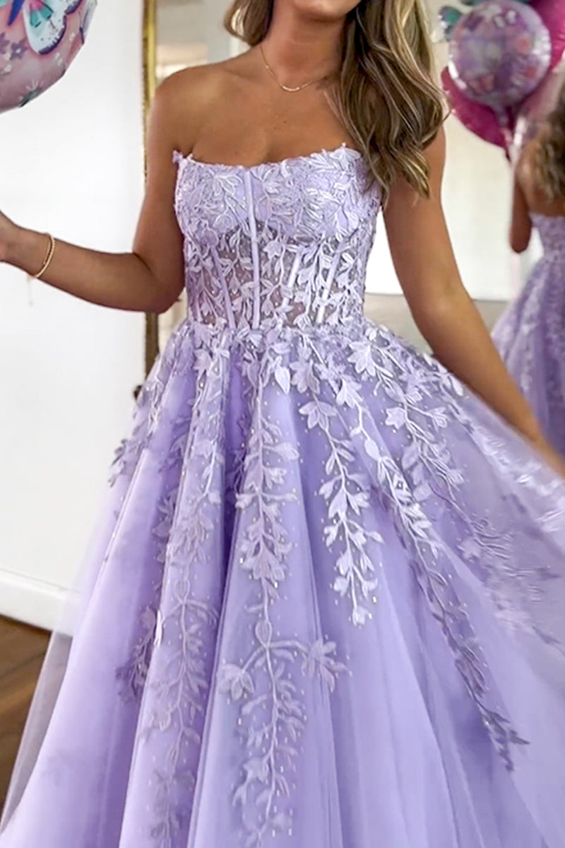 Long Sleeves Tulle Dresses with Appliqued Lilac