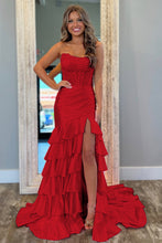 Load image into Gallery viewer, Stylish Pink Mermaid Strapless Long Tiered Satin Prom Dress with Sequin