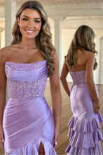 Load image into Gallery viewer, Stylish Pink Mermaid Strapless Long Tiered Satin Prom Dress with Sequin