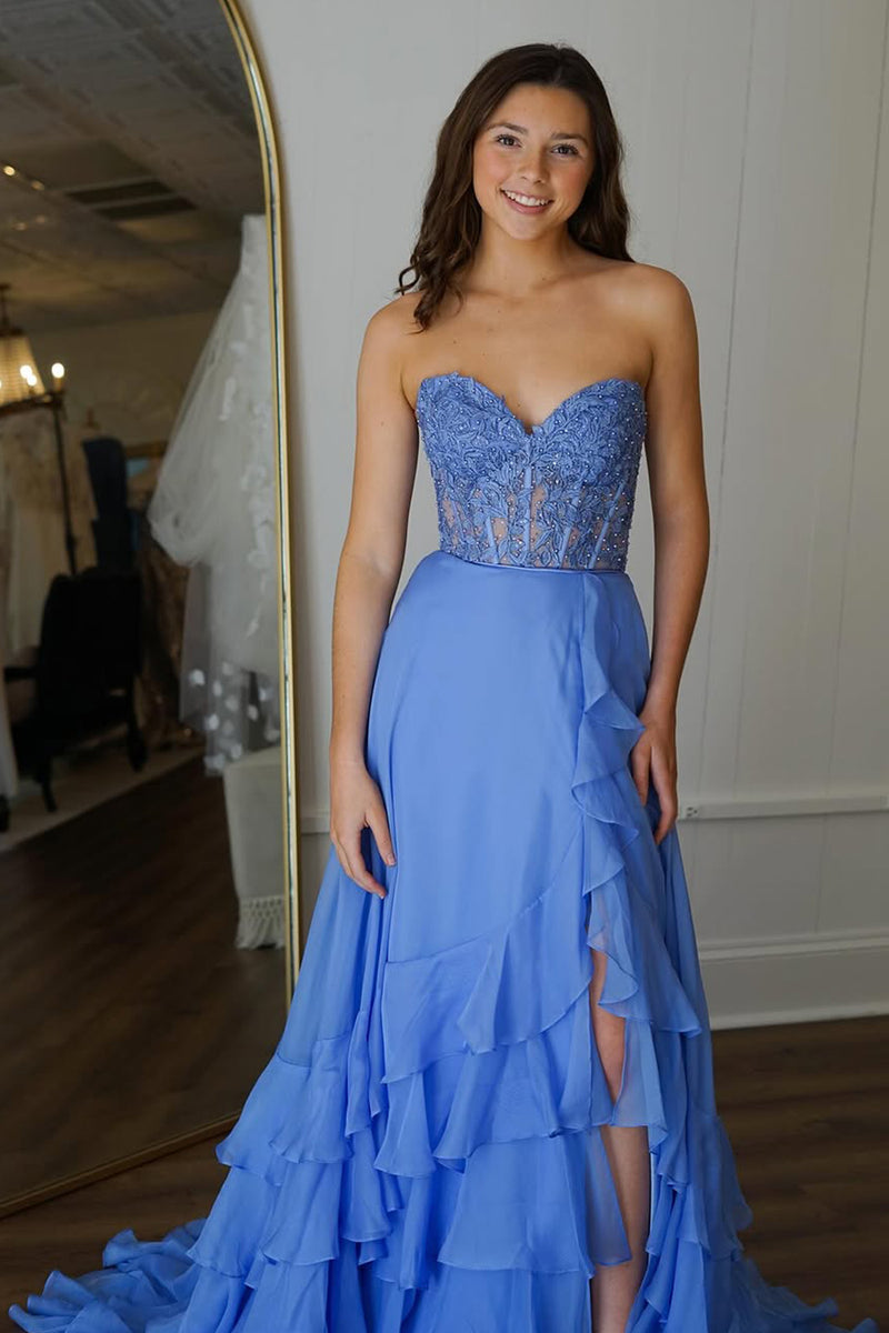Luuvis Light Blue A-Line Sweetheart Long Lace And Chiffon Prom Dress