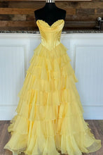 Load image into Gallery viewer, Stunning A-Line Sweetheart Satin Top Long Tiered Chiffon Prom Dress with Slit