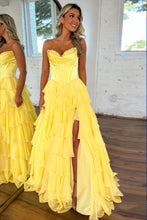 Load image into Gallery viewer, Stunning A-Line Sweetheart Satin Top Long Tiered Chiffon Prom Dress with Slit