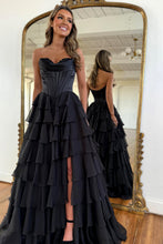 Load image into Gallery viewer, Stunning A-Line Sweetheart Satin Top Long Tiered Chiffon Prom Dress with Slit